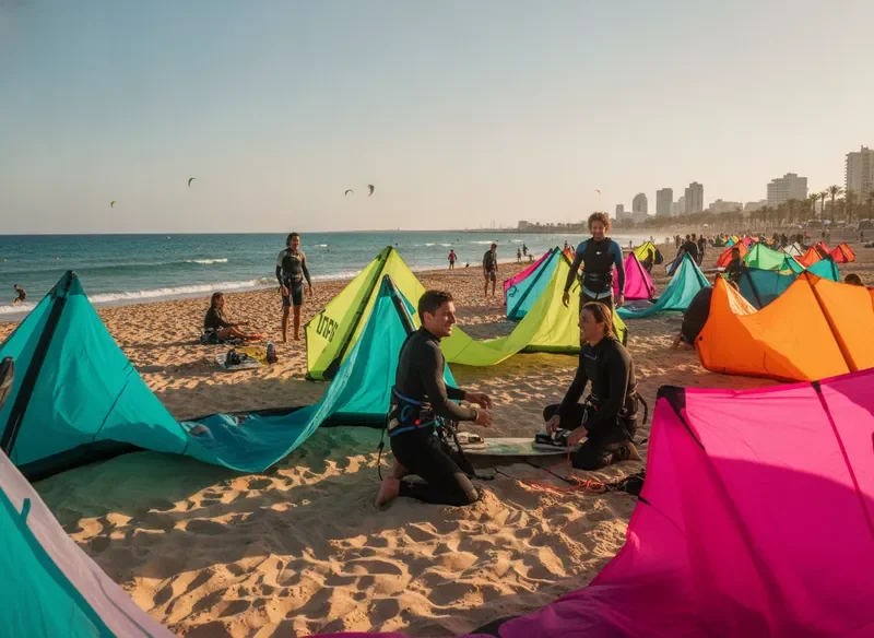 עפיפוני קייט סרפינג צבעוניים פרוסים על החוף בתל אביב